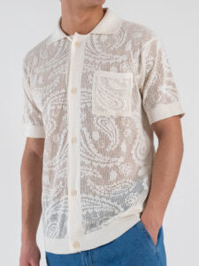 BERNA Camicia regular in cotone traforata con colletto e tasca 261018 Gesso (2)