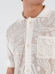 BERNA Camicia regular in cotone traforata con colletto e tasca 261018 Gesso (3)