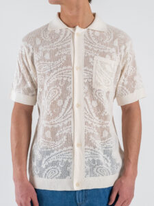 BERNA Camicia regular in cotone traforata con colletto e tasca 261018 Gesso (4)