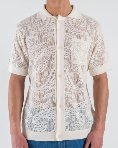 BERNA Camicia regular in cotone traforata con colletto e tasca 261018 Gesso