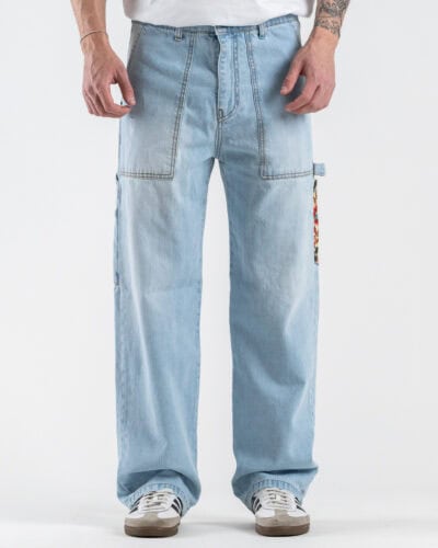 BERNA Pantalone work denim a gamba morbida con ricamo floreale a lato 261005 Azzurro