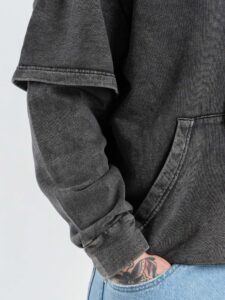 Felpa cropped in cotone garzata con cappuccio e doppia manica 995 Black (3)