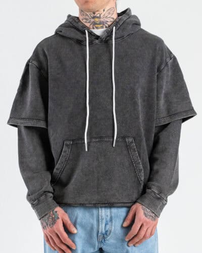 Felpa cropped in cotone garzata con cappuccio e doppia manica 995 Black