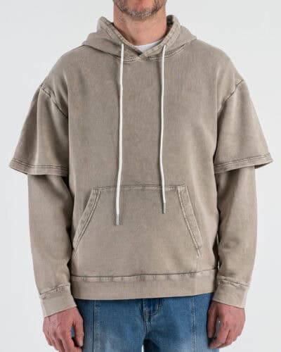 Felpa cropped in cotone garzata con cappuccio e doppia manica 995 Khaki