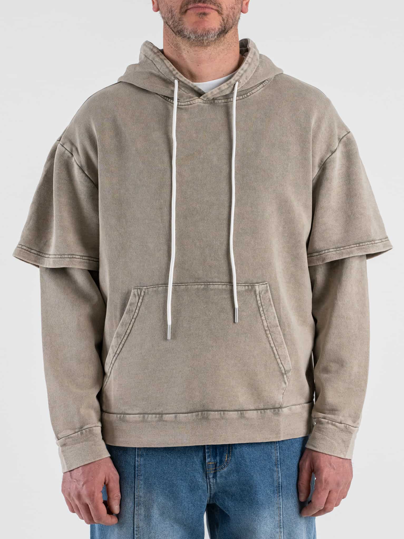 Felpa cropped in cotone garzata con cappuccio e doppia manica 995 Khaki