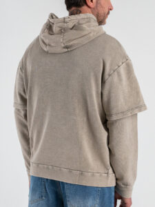 Felpa cropped in cotone garzata con cappuccio e doppia manica 995 Khaki (5)