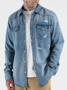 GIANNI LUPO Camicia di jeans slim in cotone con rotture e particolari colorati GL6520Q (2)