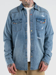 GIANNI LUPO Camicia di jeans slim in cotone con rotture e particolari colorati GL6520Q (4)