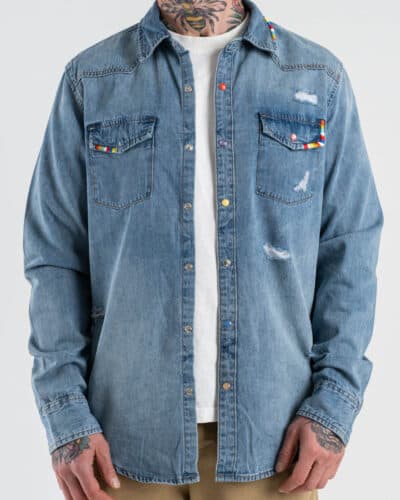 GIANNI LUPO Camicia di jeans slim in cotone con rotture e particolari colorati GL6520Q