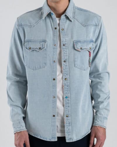BERNA Camicia regular in cotone con rotture e bottoni a pressione 261259 Denim