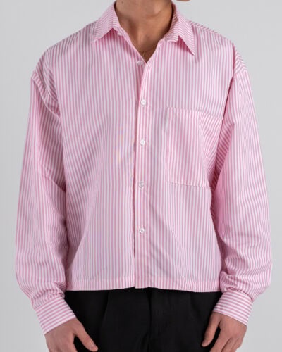 Camicia over in cotone croppata fantasia righe con tasca frontale 7801 Rosa