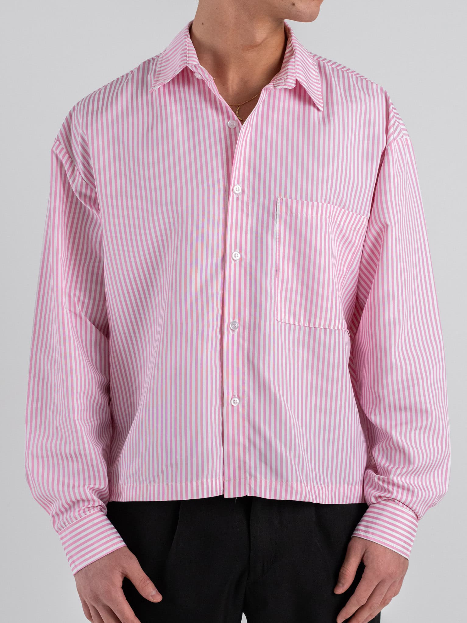 Camicia over in cotone croppata fantasia righe con tasca frontale 7801 Rosa