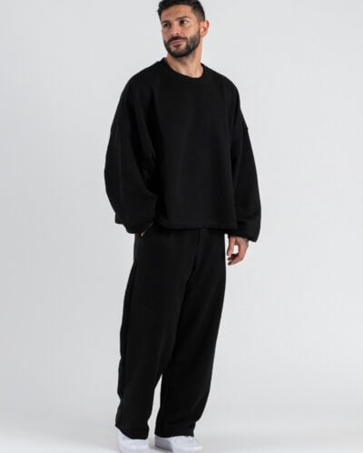 Completo tuta in cotone con Felpa over croppata girocollo + Pantalone baggy PON02 Nera