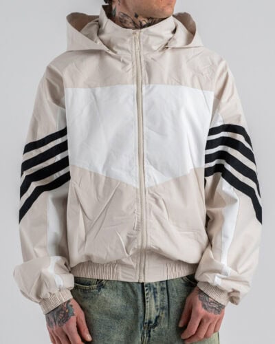 Giubbino over croppato in tessuto tecnico con cuppuccio ed elastico sul fondo 6018 Beige/White