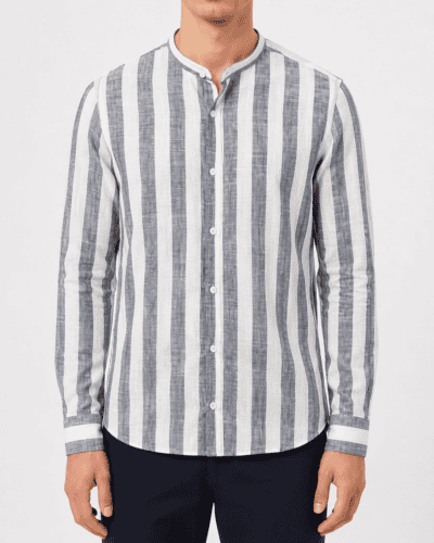 OVER-D Camicia regular a righe larghe in misto lino con collo alla coreana OC1S2S6C15 Blu