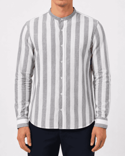 OVER-D Camicia regular a righe larghe in misto lino con collo alla coreana OC1S2S6C15 Cacao
