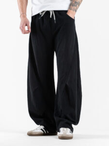 Pantalone balloon in cotone con coulisse e bottone sul fondo 76122 Black (3)