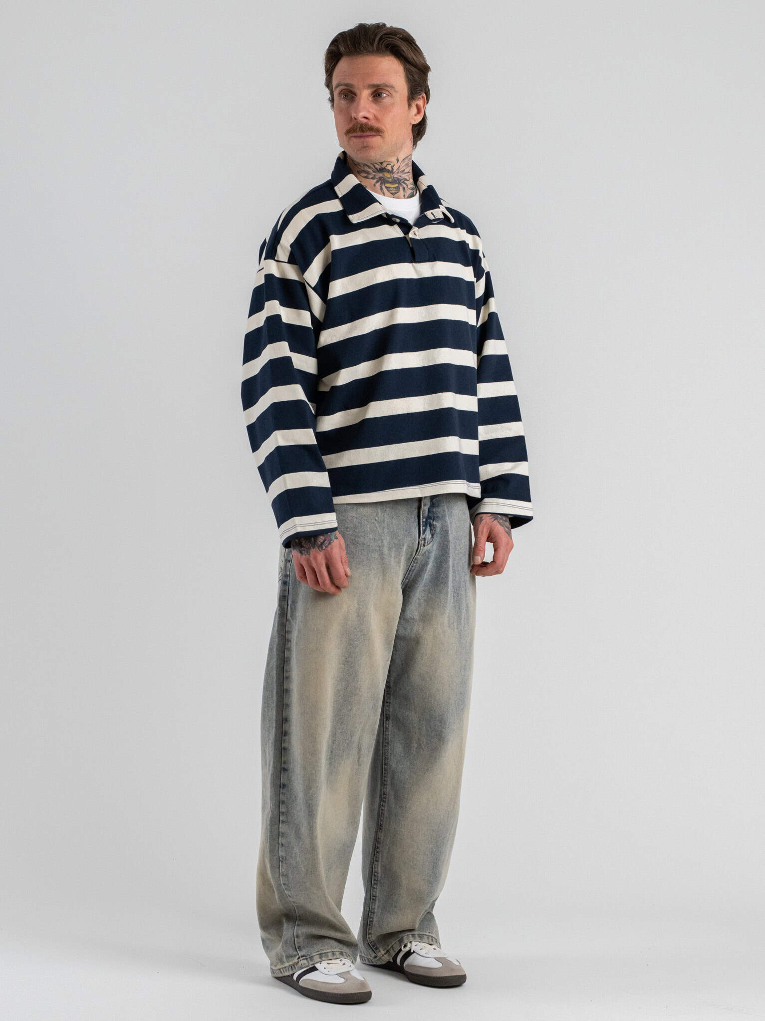 Polo over croppata in cotone a righe con manica lunga RGP1 Blu 1 Home