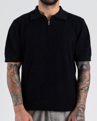 SEINSE Polo regular a mezza manica in maglia a costina con colletto e zip ME3199SS Nero
