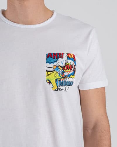 V2 T-shirt basica con taschino fantasia fumetti pop TUBIT25 Bianca