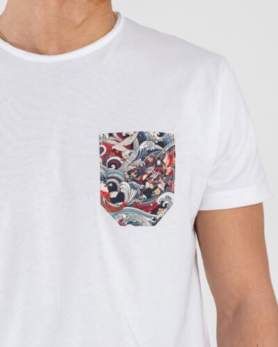 V2 T-shirt basica con taschino fantasia giapponese TUBIT23 Bianca