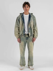 Coordinato marmorizzato over in cotone bomber con cappuccio + Jeans gamba larga 676 (1)