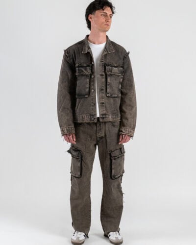 Coordinato over in cotone slavato giubbino in jeans sfrangiato + Jeans sfrangiati con tasconi 8195 Nero
