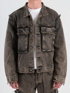 Coordinato over in cotone slavato giubbino in jeans sfrangiato + Jeans sfrangiati con tasconi 8195 Nero (2)