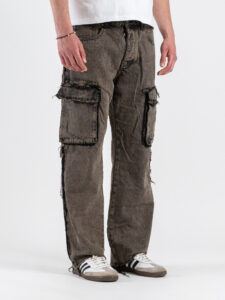 Coordinato over in cotone slavato giubbino in jeans sfrangiato + Jeans sfrangiati con tasconi 8195 Nero (8)