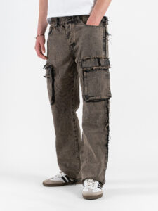 Coordinato over in cotone slavato giubbino in jeans sfrangiato + Jeans sfrangiati con tasconi 8195 Nero (9)