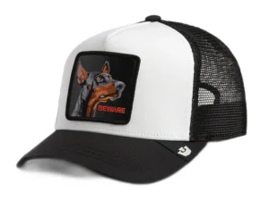 GOORIN BROS Cappellino bianco con retina,visiera e patch nera con stampa doberman BEWARE