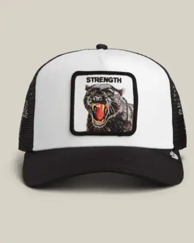 GOORIN BROS Cappellino bianco con visiera nera e patch bianca con stampa pantera STRENGTH