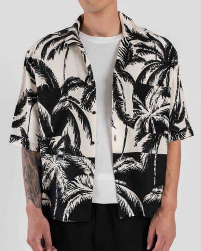 OVER-D Camicia boxy fit a M/M con collo bowling e stampa palme OE1S2S6C68 Nero