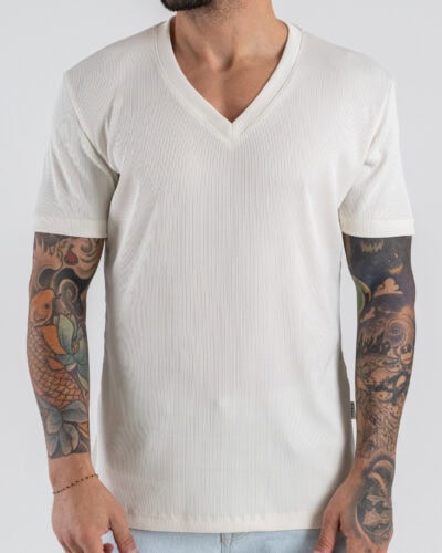 OVER-D T-shirt comoda a costine con collo a V OEAS2S6T48 Avorio