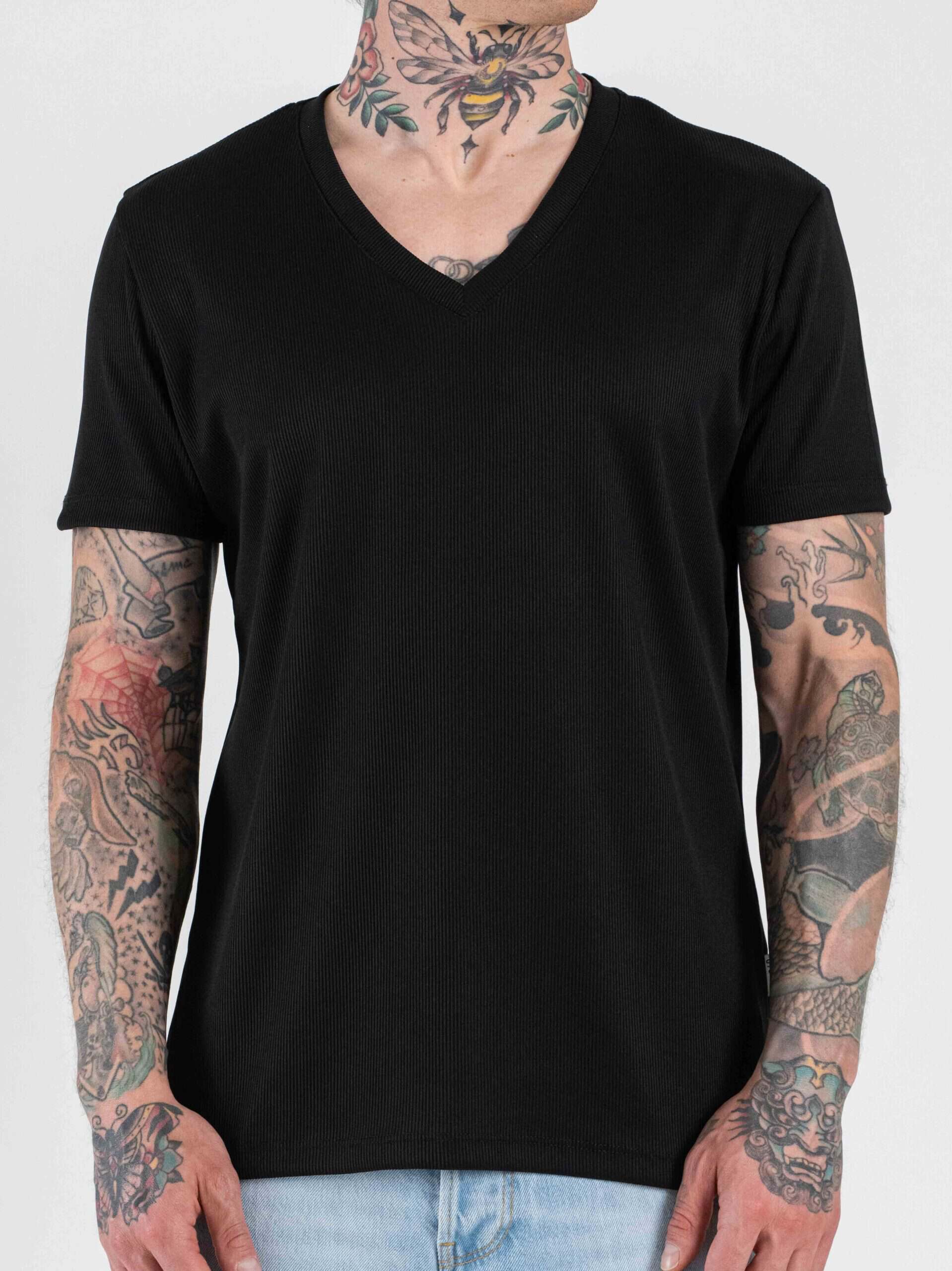 OVER-D T-shirt comoda a costine con collo a V OEAS2S6T48 Nero