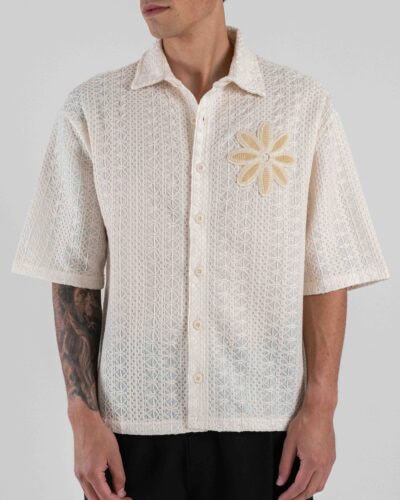 PXP Camicia boxy fit a mezze maniche ricamata con fiore sul cuore 2611114 Panna