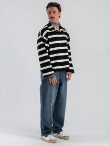 Polo over croppata in cotone a righe con manica lunga RGP1 Nero (1)