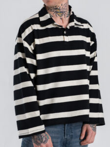 Polo over croppata in cotone a righe con manica lunga RGP1 Nero (2)
