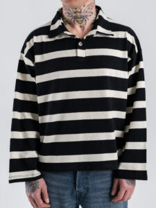 Polo over croppata in cotone a righe con manica lunga RGP1 Nero (3)