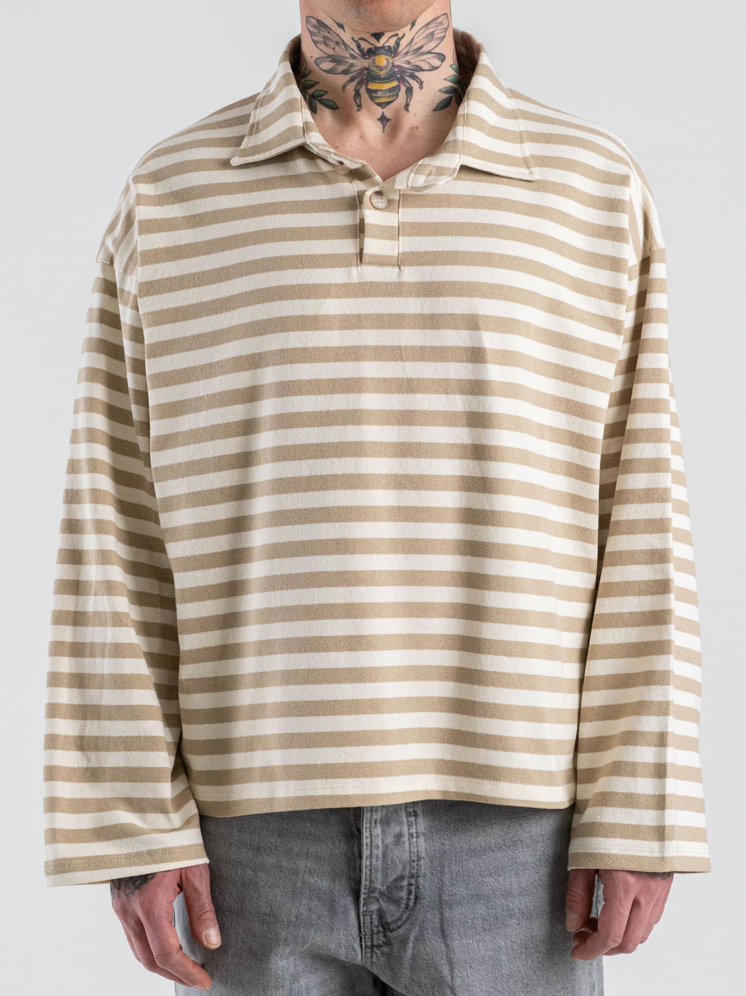 Polo over croppata in cotone a righe sottili con manica lunga RGP2 Beige