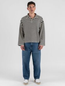 Polo over croppata in cotone a righe sottili con manica lunga RGP2 Nero (1)