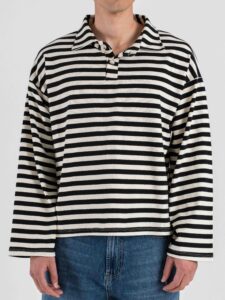 Polo over croppata in cotone a righe sottili con manica lunga RGP2 Nero (2)