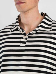 Polo over croppata in cotone a righe sottili con manica lunga RGP2 Nero (3)
