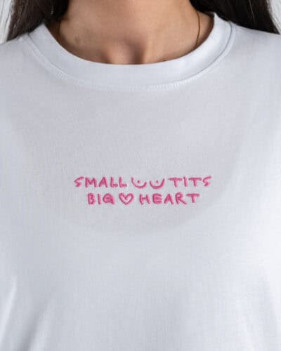 SUPERCULTURE T-shirt cropped da donna con ricamo "SMALL TITS BIG HEART" AW2039 Bianca