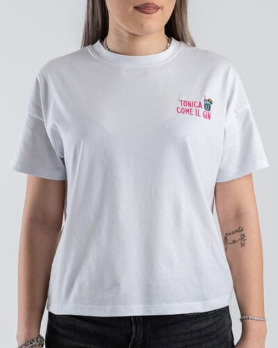 SUPERCULTURE T-shirt cropped da donna con ricamo "TONICA COME IL GIN" AW2043 Bianca