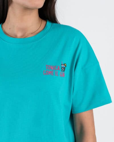 SUPERCULTURE T-shirt cropped da donna con ricamo "TONICA COME IL GIN" AW2043 Verde tiffany