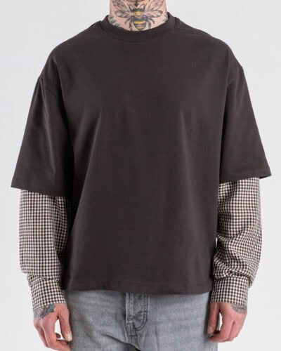 T-shirt crop over in cotone doppia manica con camicia in fantasia a quadri 1071 Moro