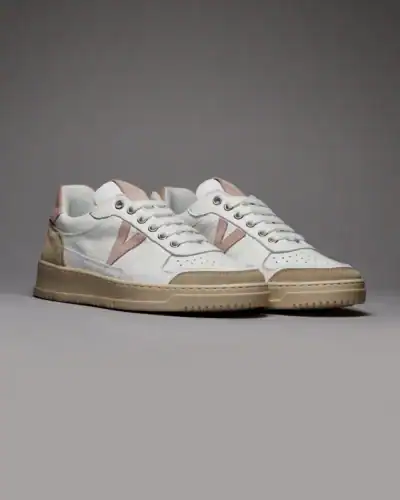 V2 Sneakers in pelle bianca con V a contrasto e tallone in camoscio beige SUCOLRO Bianco Rosa