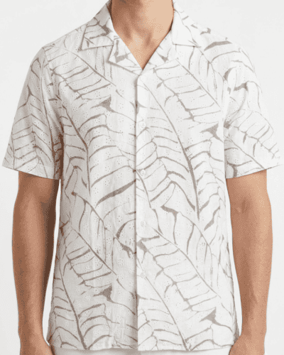 OVER-D Camicia mezza manica in fantasia lavorata con collo bowling OE1S2S6C42 Off White