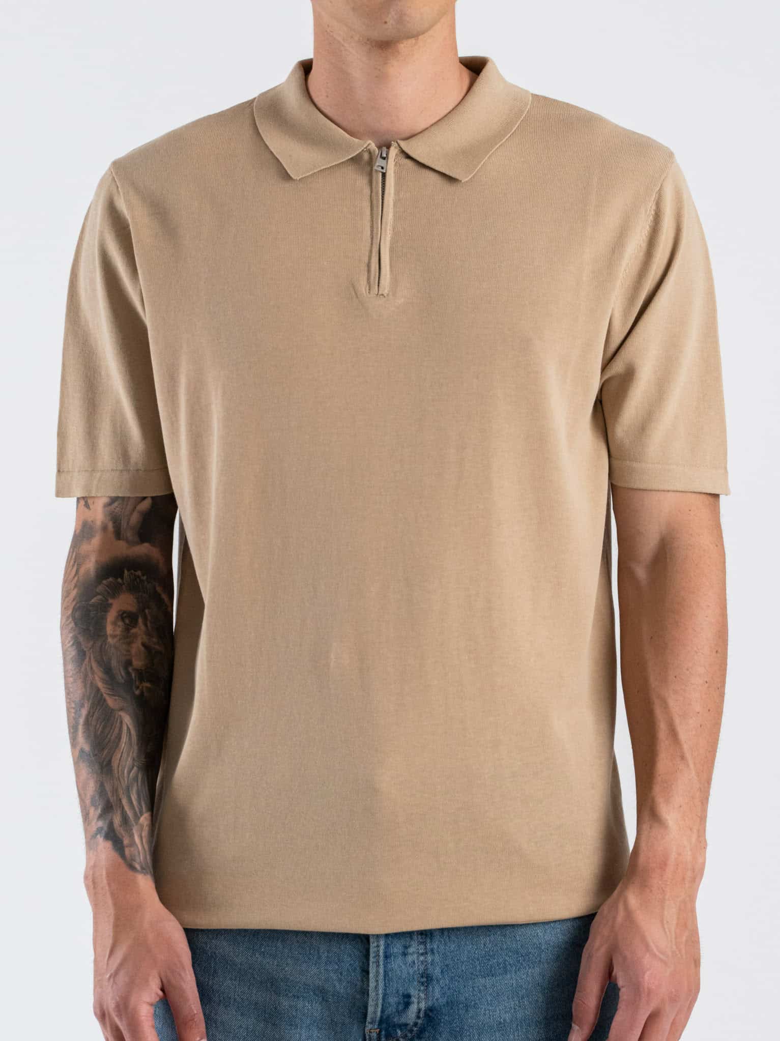 Polo regular a mezza manica in maglia con colletto e zip 2520 Beige